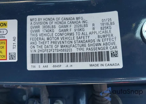 2025 Honda Civic Lx из США, поврежденный, VIN 2HGFE2F27SH569203